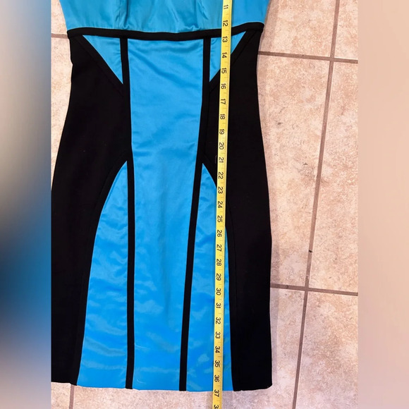 Bebe Melany Mesh Satin Stretch Turquoise Blue and Black Bodycon Pencil Dress XS - Picture 5 of 16
